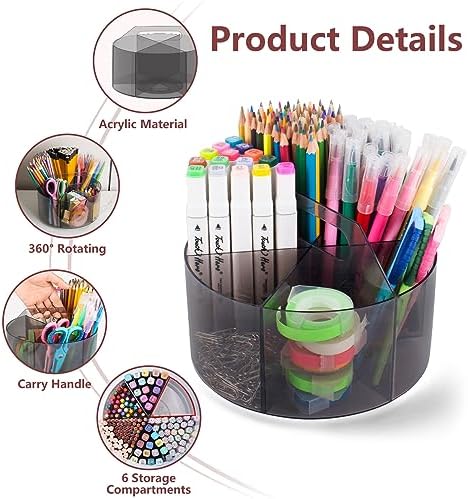 Absonic 250pcs Acrylic Pencil Holder Marker Organizer, 360-Degree Rotating Pen Holder, Crayon Organizers for Kids Pencil Organizer Caddy Art Supply Kids Desk Organizers for Office Home School, Black