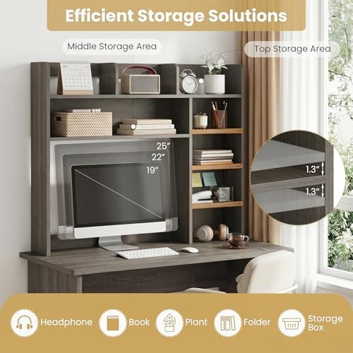 Tangkula Desktop Bookshelf with LED Lights, Desk Hutch with 8 Shelves for Max 25" Monitor, Desktop 5-Tier Display Rack, Multipurpose Wood Desktop Storage Hutch Organizer for Dorm Office Home (Grey)