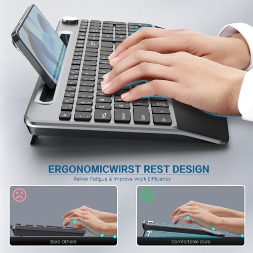 JOYACCESS Ergonomic Wireless Keyboard with Wrist Rest, Low-Profile,Phone Holder,2.4GHz Full Size Silent Cordless USB Computer Keyboard for Windows, Mac OS Desktop/Laptop/PC-Black Grey