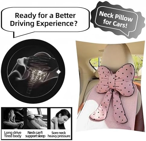 2PCS Chic Car Headrests with Bow-Shaped Cotton Linen Bowknot Neck Pillows for Cozy Road Trip & Cute Interior Decoration (Pink Polka)