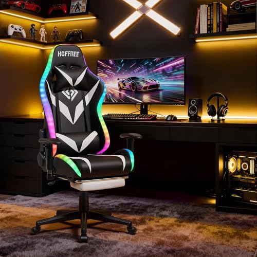 Led Gaming Chair with Speakers Massage 165° Reclining Computer Chairs-White