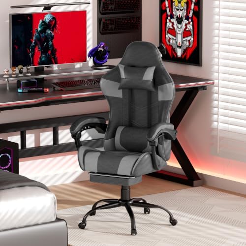 Gaming Chair with Footrest, Ergonomic Video Game Chair for Adults, Grey