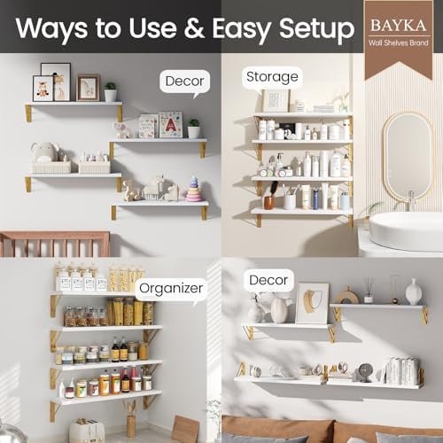 BAYKA 22.4 in Long Wall Mounted Floating Shelves (White and Gold, Set of 4)