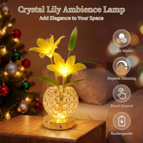 Stargazer Lily Crystal Table Lamp, Rechargeable Touch Flowers Lamp