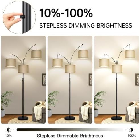 Nintiue Dimmable Floor Lamp, 3 Lights Black Arc Floor Lamp, Modern Tall Standing Tree Lamp with Champagne Linen Shades & Heavy Base, 3000LM LED Bulbs, Bright Lighting for Living Room, Bedroom, Office