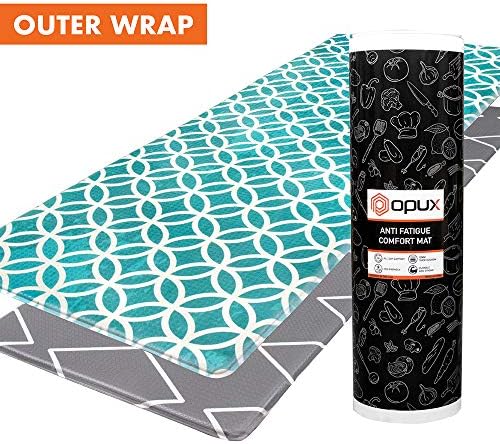 OPUX Anti Fatigue Kitchen Floor Mat, Reversible Cushioned Memory Foam Kitchen Rug Pad, Waterproof Non-Slip Padded Comfort Standing Mat Office Laundry Home, 47x17 (Geometric Teal Gray)