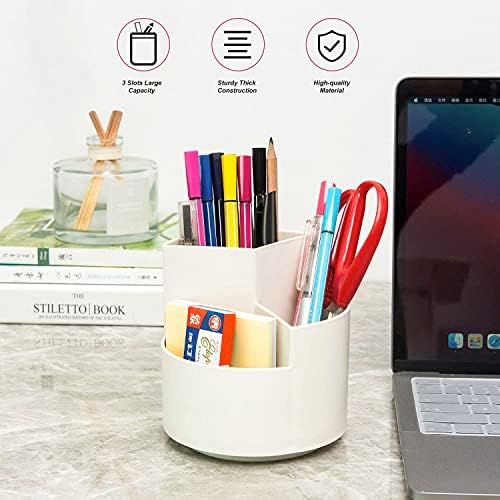 Siveit Desk Pencil Pen Holder, Desk Organizers 3 Slots 360-Degree Rotating Pen Holder for Desktop Storage Stationery Supplies Organizer, Home, Office, School, Kids, White