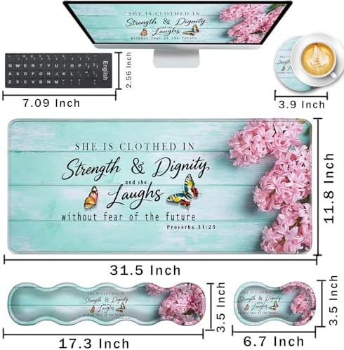Keyboard Wrist Rest and Mouse Pad with Wrist Support Set Ergonomic Coaster,Memory Foam,Easy Typing Pain Relief,Large XL Desk Mat 31.5"x 11.8",Pink Hyacinth Bible Verse Proverbs 31-25