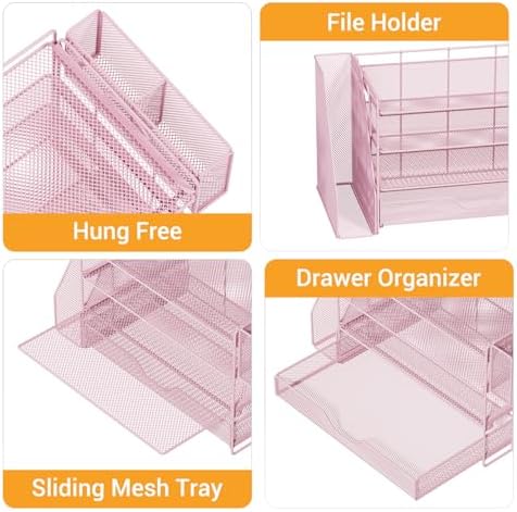 4-Tier Desk File Organizer with Drawer & Pen Holder (Pink)