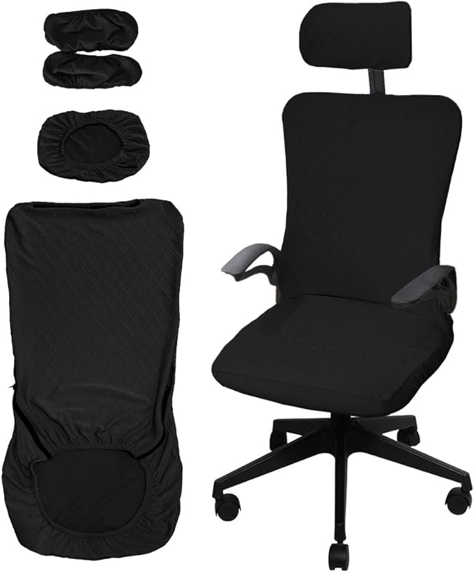 Ergonomic Office Chair Covers Set with Headrest Cover Stretch Desk Computer Chair and Headrest Slipcovers Washable Protector Slipcovers for Swivel Computer Chair 4 Pieces Black