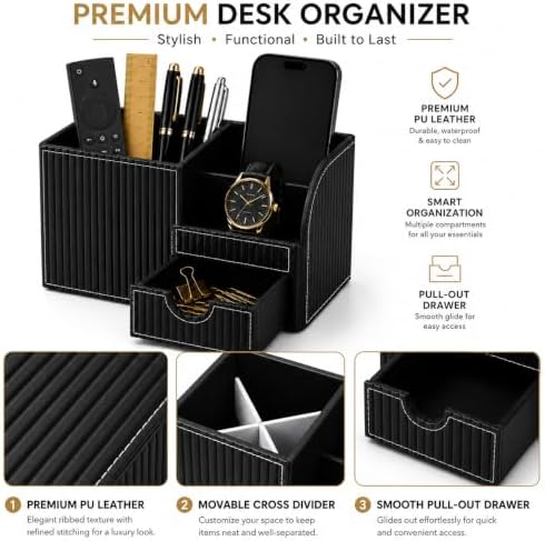 KINGFOM Executive Leather Desk Organizer with Drawer, Modern Black Desk Accessories for Men, Premium Office Desk Organizer with Pen Holder & Storage Compartments for Home Office