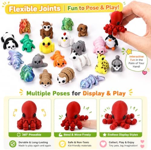 105pcs 3D Printed Animals, 3D Printed Animals, Articulated Pocket Fidget Toys Bulk, Party Favors, Goodie Bag Stuffers, Desk Pets for Classroom Rewards, Exchange Gifts for Boys Girls Toddlers