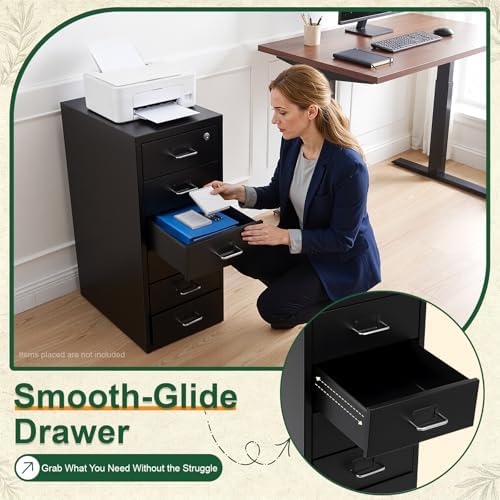 6 Drawer File Cabinet with Lock, Freestanding Filing Metal Drawers Organizer Vertical Metal Rolling Organizer Movable Under Desk Cabinet with Wheels for Home Office Living Room Study (6 Tiers Black)