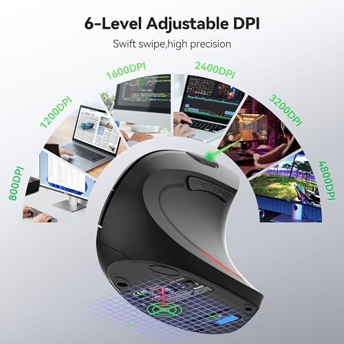 TECKNET Ergonomic Mouse, Jiggler Bluetooth Wireless Vertical Mouse, 4800 DPI Silent Mouse with 6 Adjustable DPI Levels, 2.4GHz (USB A & C) Mouse, 6 Buttons Computer Mice - Wide Compatibility