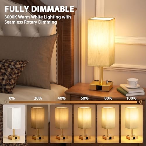 Gold Bedside Table Lamps Set of 2 - Dimmable, USB C+A, 2 AC Outlets