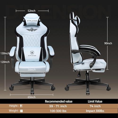 GTPLAYER Gaming Chair with Footrest, Big and Tall Game Chair High Back Computer Office Chair with Lumbar Support for Adults, Ergonomic Swivel Games Chair with Cushion Gaming, Fabric Light Blue