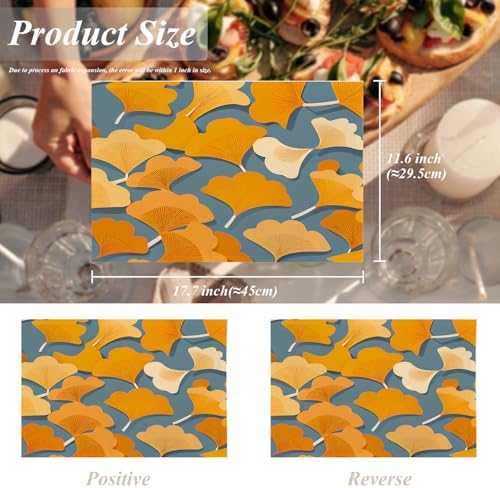 Shrahala Autumn Ginkgo Leaves Set Of 4 12 X 18 Inch Linen Placemats , Yellow Leaves Blue Background Burlap Table Mat Washable Double Layered Heat Insulation For Indoor/Outdoor