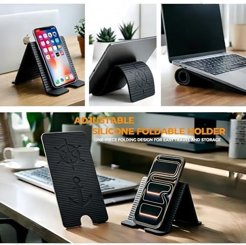Flexible Silicone Aluminum Phone Holder Tablet Stand with Charging Port Design, Foldable Airplane Laptop/Phone Stand for Home Office Travel (Black)