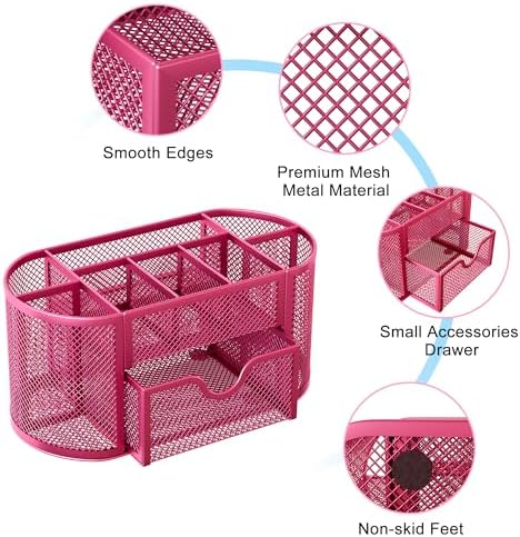EasyPAG Mesh Pen Holder Desk Organizer with Drawer Stationery Supplies Organizer for Dorm School 9 Compartments Workspace Desk Accessories Organization for Office, Hot Pink