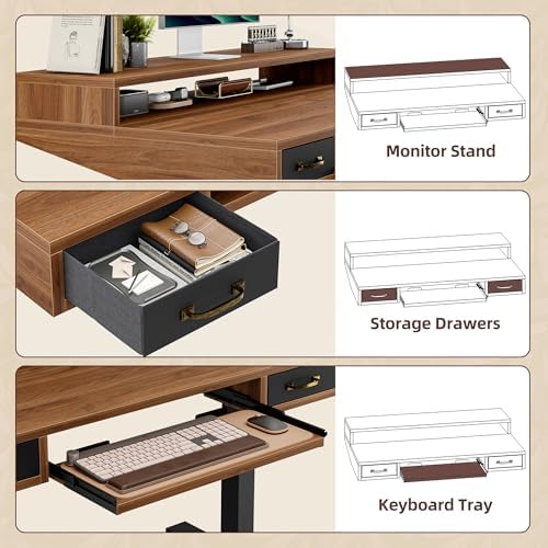 TIQLAB Standing Desk with Two Drawers, Stand Up Standing Desk Adjustable Height, Electric Sit Stand Table with Storage Shelf and Splice Board, with LED Light, 47 * 28 inch, Black Walnut