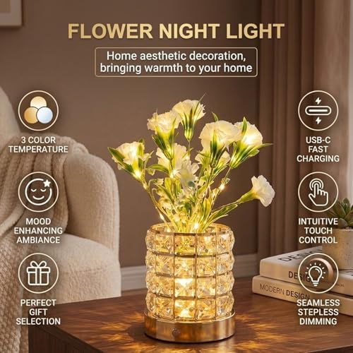 Flower Table Lamps, Rechargeable Cordless Small Desk Lamp, 3 Colors Dimmable Artificial Flowers Night Light, Fake Bouquet Carnation with Crystal Vase Gifts for Girl Women Mom (White - Carnation)