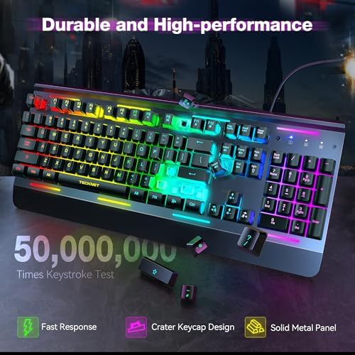 TECKNET Wired Gaming Keyboard, RGB Backlit Keyboard with Metal Panel Design