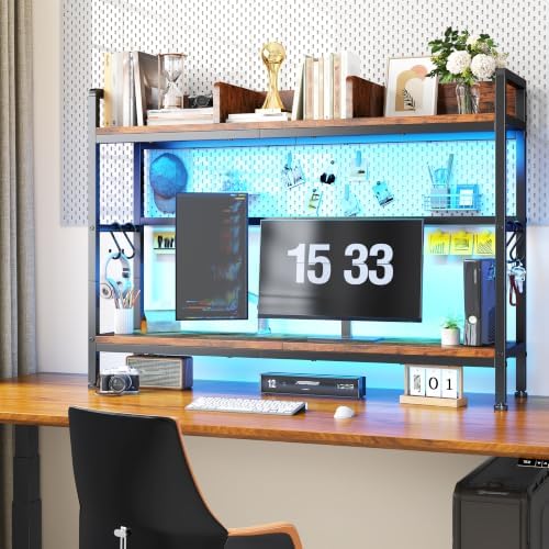 REIBII 2-Tier Desk Shelf, LED, Bedroom and Home Office, Rustic Brown
