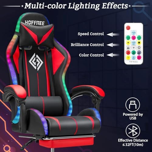 RGB Gaming Chair with Bluetooth Speakers and LED Lights Computer Chair-Red