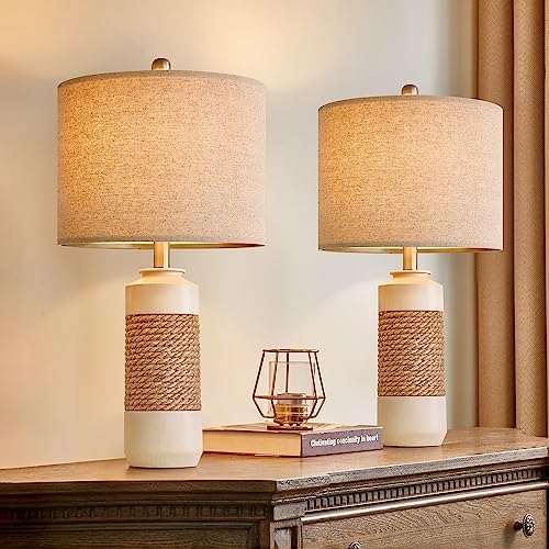 OYEARS 23.75" Bedside Table Lamps Set of 2 for Sleeping and Reading, Vintage Farmhouse Rattan Table Lamp Antique White Resin Lamp for Decoration, Office Living Room Bedside Table