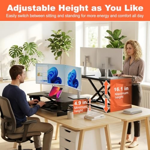 FDW Standing Desk Converter 32 inches Adjustable Height Stand Up Desk Computer Desk Workstation Steel Home Office Ergonomic Computer with Keyboard,Black