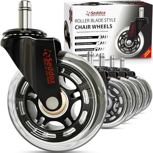 Office Chair Wheels Replacement Set of 5 - Desk Chair Casters for Hardwood & Carpet - Heavy Duty & Safe for All Floors - Universal Fit for Most Computer Gaming & Office Chairs - 3 Inch