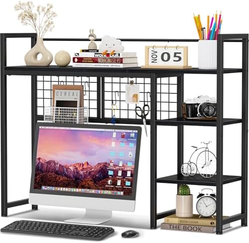 Snughome Desk Shelf, 38.6" Desktop Organizer Shelf, Desk Hutch for Computer Monitor, 4 Tier Desk Display Rack with Pegboard Hooks Set, Wood Desktop Bookshelf for Home Office Dorm, Black