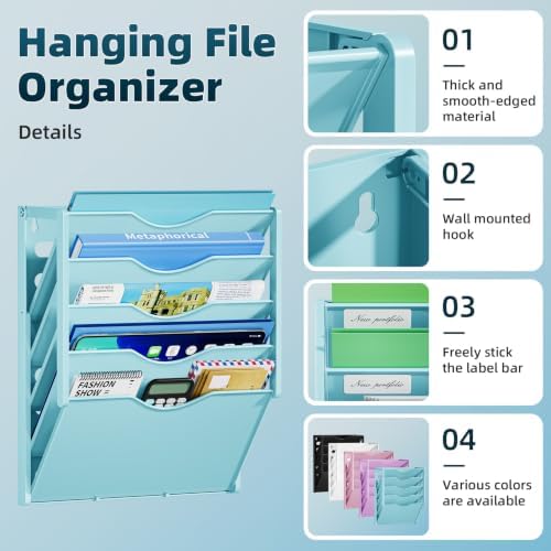 Marbrasse 5 Tier Wall File Organizer, Plastic Hanging File Holder for Mail, Magazines Paper Organizer Wall Mounted for Office Home (Blue)