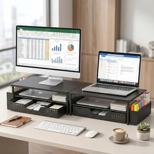 ECOLOVI Desk Organizer and Accessories, 2-Tier Computer Monitor Stand Rise with Storage Drawer & 2 Pen Holders, Laptop & Printer Stand for Desktop, Workspace Organizers for Office Supplies (Black Wood)