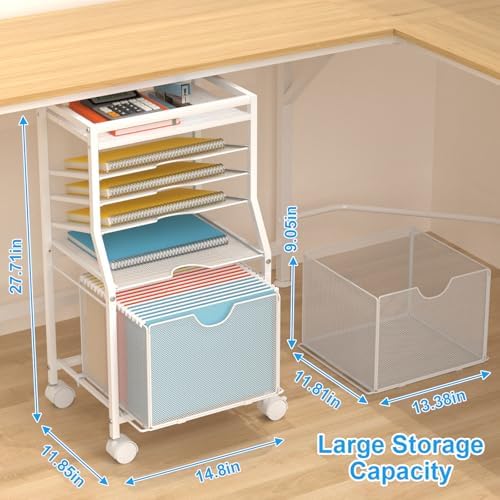 BOHDK Rolling File Cart, 6-Tier Desk File Organizer on Lockable Wheels, White Wood Planks & Mesh Sliding Hanging Folder Drawer, Organization Cart for Office Home School