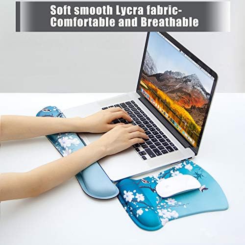 Ergonomic Memory Foam Keyboard Mouse Pad Set with Rest Wrist Cushion Support for Laptop/Notebook/Desktop/Computer/Gaming/Home/Office/Desk, Comfortable & Lightweight (Birds & White Flowers)