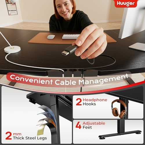 Huuger 63 X 24 Inch Electric Standing Desk with Power Outlets and USB-C Port, Height Adjustable Desk, Sit Stand Desk for Home Office, Computer & Gaming Desk with 3 Presets, Stable Steel Frame, Black