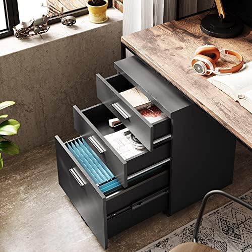 DEVAISE 3 Drawer File Cabinet, Wood Under Desk Filing Cabinet, Black