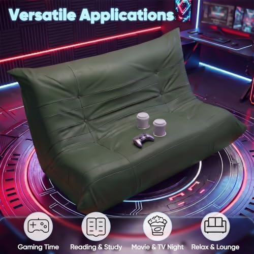 Homall Floor Gaming Chair Boneless Loveseat Couch, Ergonomic Floor Sofa Couch with Cup Holders, Leather Lazy Floor Lounger for Gaming, Reading, Relaxing, Watching TV (Olive Green)
