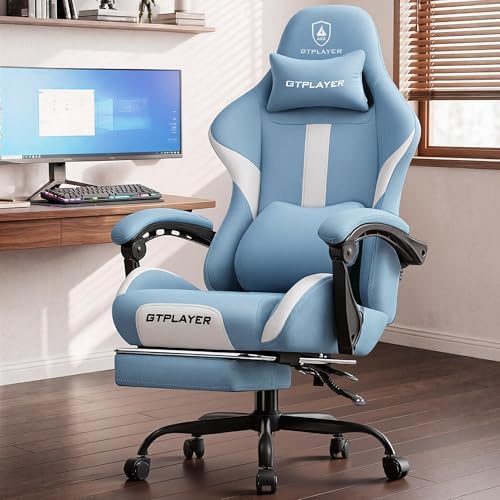 LUCKRACER Big and Tall Gaming Chair, 350Lbs Heavy Duty Office Chairs High Back Computer Chairs with Foot Rest Wide Cushion Lumbar Support Desk Chair Comfy for Adults Breathable Fabric, Blue