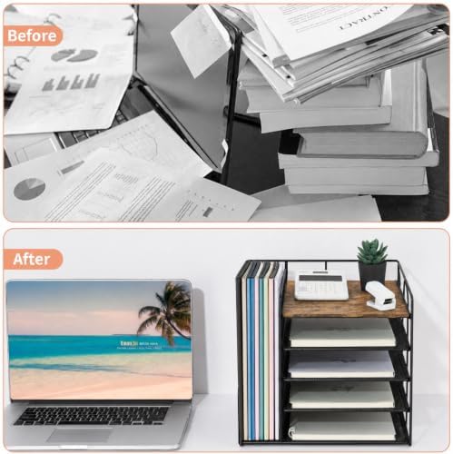 LEKETREE Desk Organizers and Accessories, 5-Tier Paper Letter Tray Organizer with File Holder, Desktop Organizer for Office Supplies (Wood)