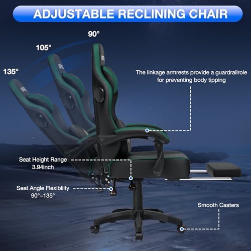 HOFFREE Gaming Chair Computer Chair with Speakers Massage Game Chairs with Footrest Bluetooth High Back Ergonomic Computer Gaming Chairs for Adults Reclining Video Gamer Chair Green and Black