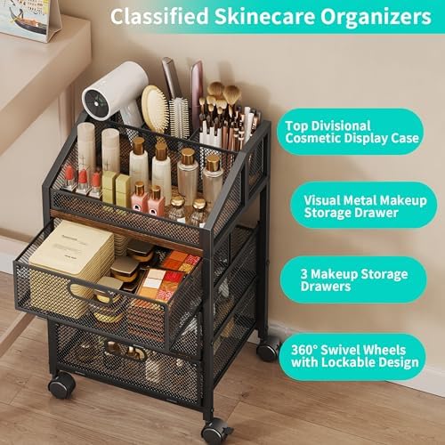 HapiRm Rolling Makeup Organizer Cart- Under Desk Vanity Storage with 3 Drawers, Floor Nail Cart Skincare Organizers Cosmetics Display Cases for Nail Polish Perfume Makeup Brush Hair Tool, Black