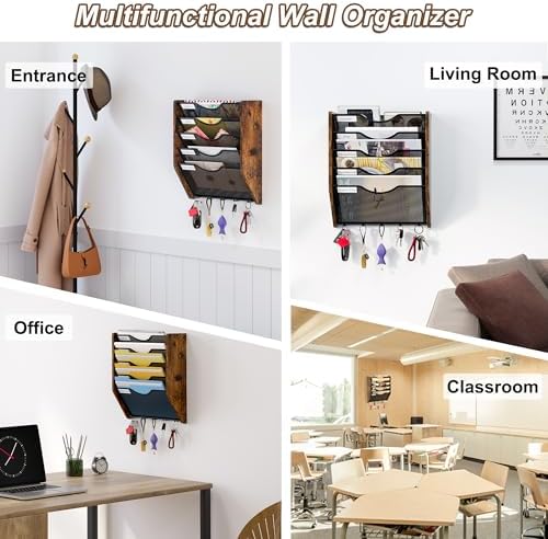 Wall File Organizer With Hooks, 5 Tier Mesh Mail Organizer Wall Mounted,Hanging File Organizer,Magazine Holder for Documents,Magazine,Literature,File,Mails,Envelopes