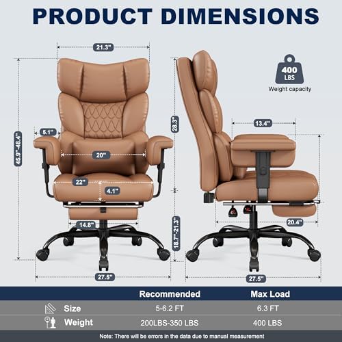 Misolant Big and Tall Office Chair with Footrest, High Back Executive Desk Chair with Adjustable Lift Armrest, 155°Recline，Lumbar Support Pillow, Faux Leather Gaming Chairs for Home or Office