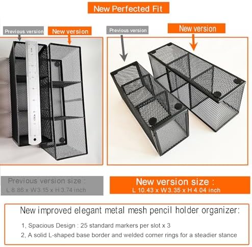 2-Pack Metal Mesh Pencil Holder, Spacious 3-Compartment Desk Organizer for Pens, Makeup Brushes, Utensils, Desktop Storage for Home, Office, School, Kitchen, 10.43x3.35x4.04 Inch, Black