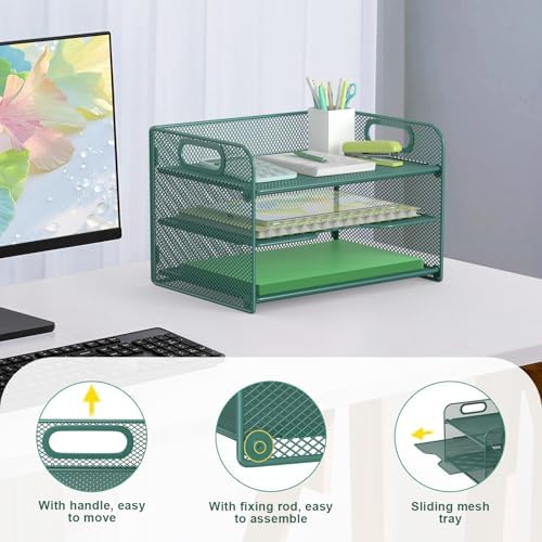 Samstar 3 Tier Green Letter Tray Paper Organizer with Handle, Mesh Desk Organizer Paper Sorter File Rack Shelves, Green