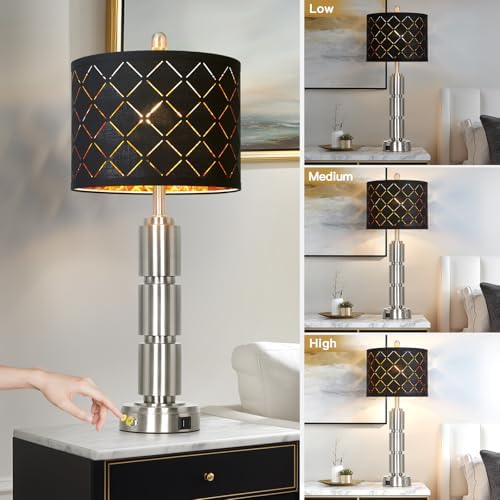 Set of 2 Modern Table Lamps for Living Room Bedroom,29" Tall Bedside Lamp with 2 USB Port,Silver Metal Touch Nightstand Lamp for Desk End Side Table Entryway,Silver