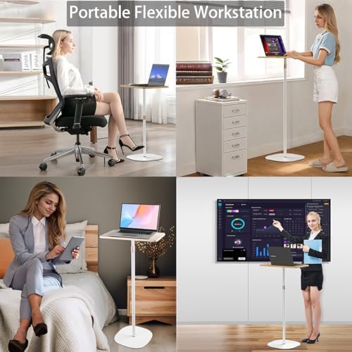 Small Laptop Standing Desk, 18“H - 46”H Adjustable Height Pedestal Side Table with Wooden Top, Portable Tall End Table, Stand-Up Desk for Bedside, Couch, Sofa, Living Room, Bedroom, Home Office, White