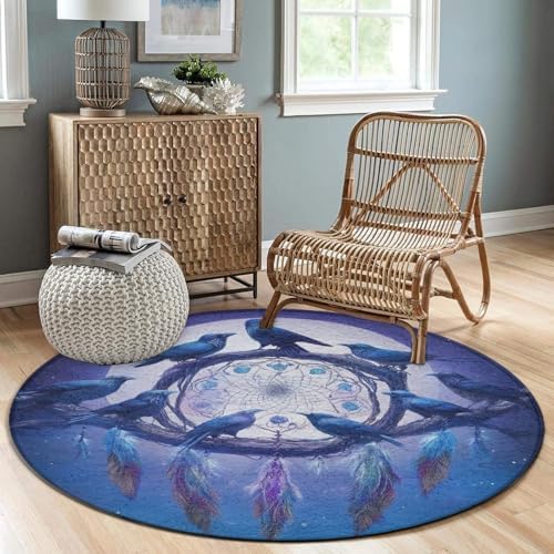 Large Round Area Rug Home Decor Modern Bathroom Rug Kitchen Office Circle Rug for Living Room Sofa Circle Cute Mat Dream Catchers and Raven, 60inch
